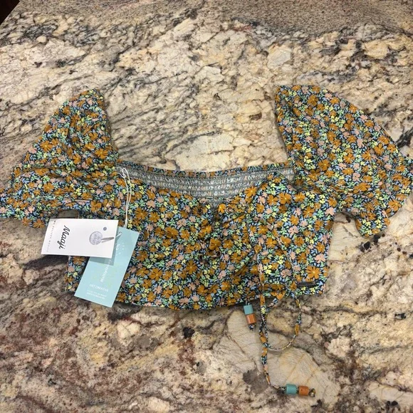 Maaji Blossom Briella Cover-Up Crop Top Ditsy Floral Short Sleeve Ribbon Tie NWT - Picture 8 of 11